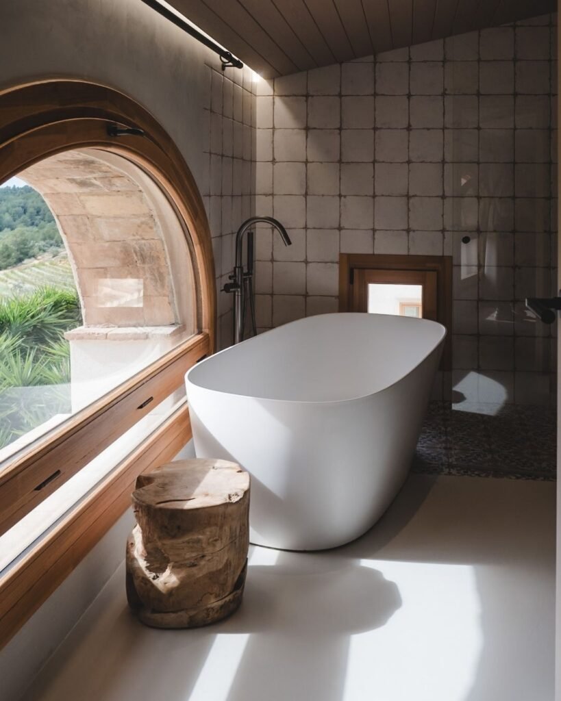 Beautiful freestanding bathtub placed next to a large arched window overlooking vineyards, capturing the serene setting at Masia Cabellut.