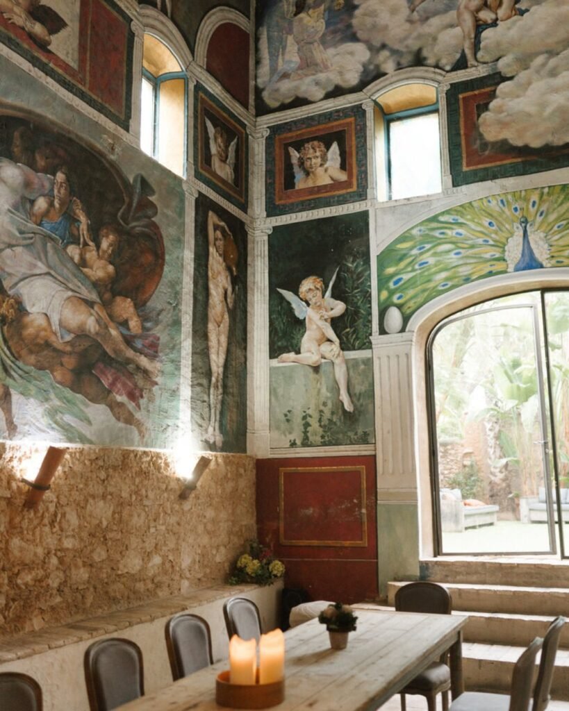 detailed shot of Masia Victoria’s ceiling, showcasing rustic wooden beams that add character to the wedding venue.