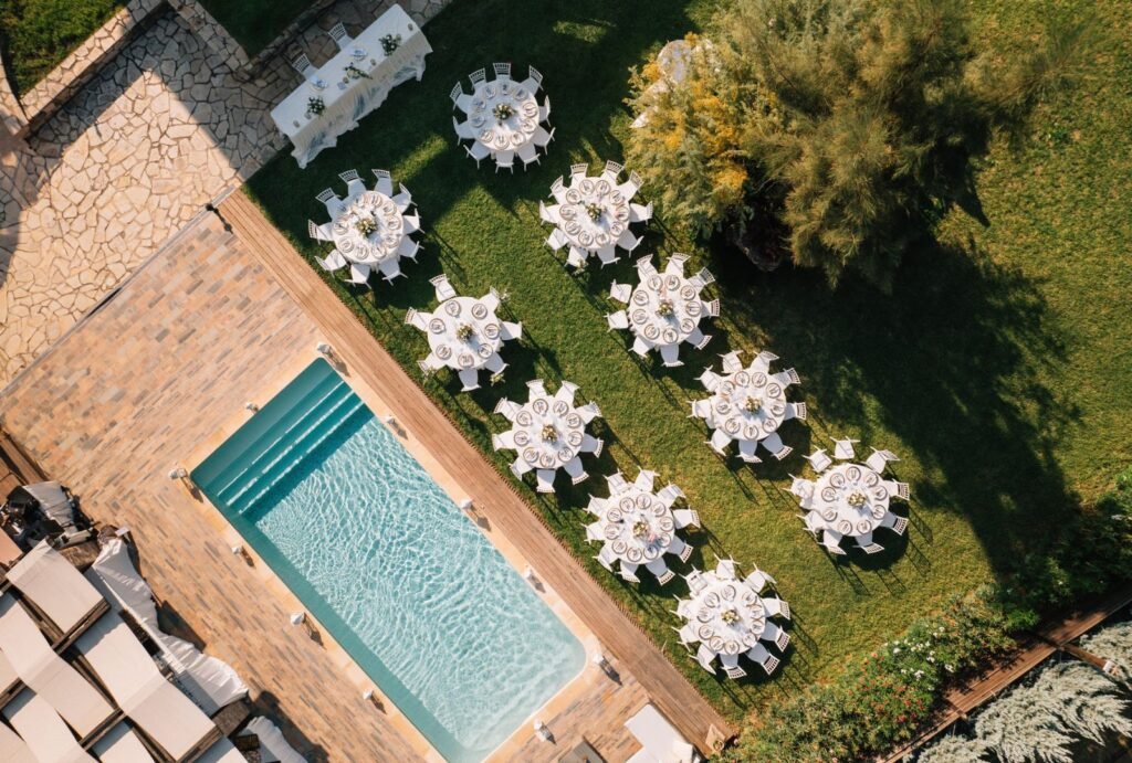 Elegant wedding reception table setup at Palazzo di P with Mediterranean-inspired decor