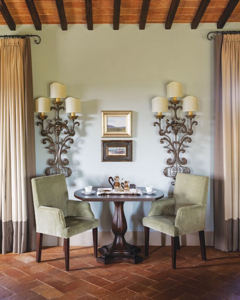 The bride preparing for her wedding in the elegant bridal suite at Castello di Casole