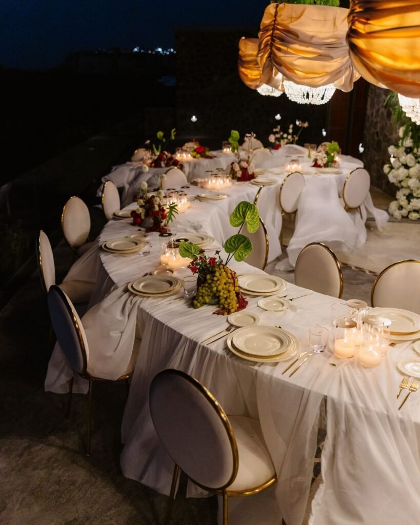 Thoughtfully arranged wedding seating at Cavo Ventus, blending modern design with natural island beauty.