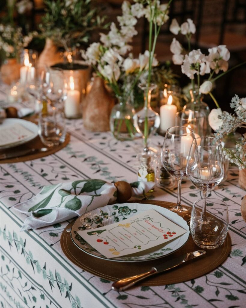 A dreamy candlelit dinner setup at Rosewood Castiglion del Bosco, with soft flickering lights enhancing the intimate setting.