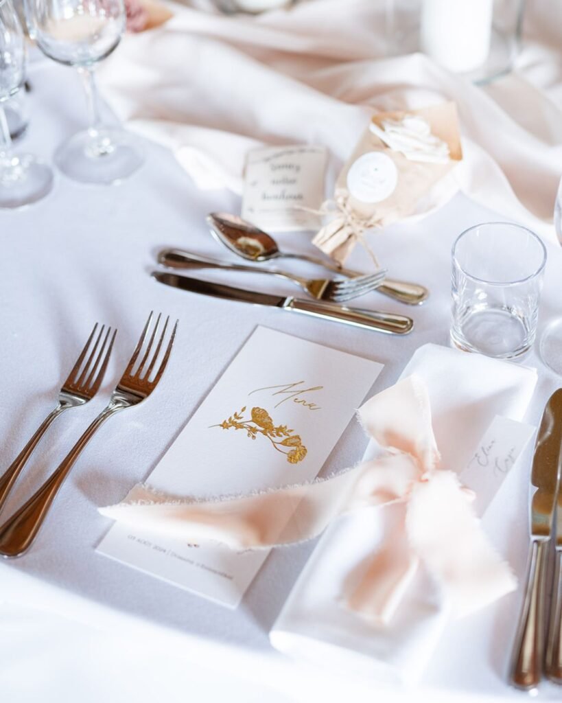 Close-up of elegant table setting featuring delicate stationery, ribbon-tied napkins, and fine silverware at Domaine d'Essendiéras.