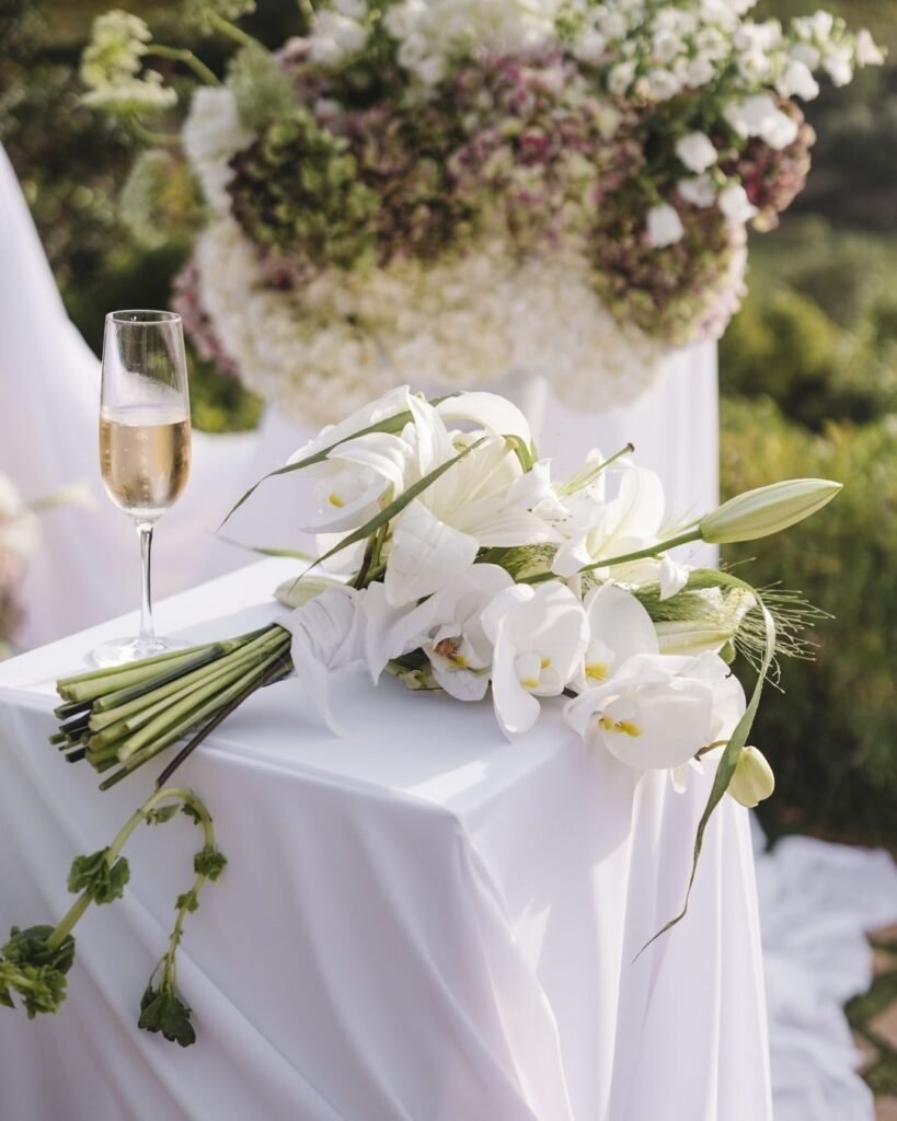 Chic bridal bouquet of lilies and orchids alongside a glass of champagne, capturing elegance at Masia Cabellut