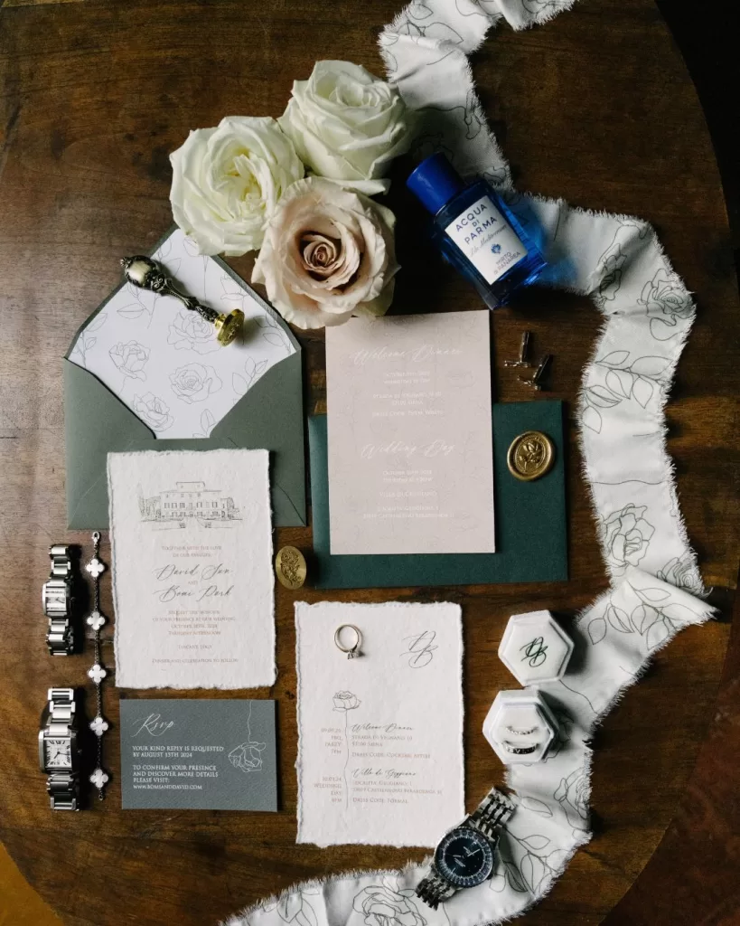 A close-up of the wedding rings resting on an antique tray, capturing a timeless detail.