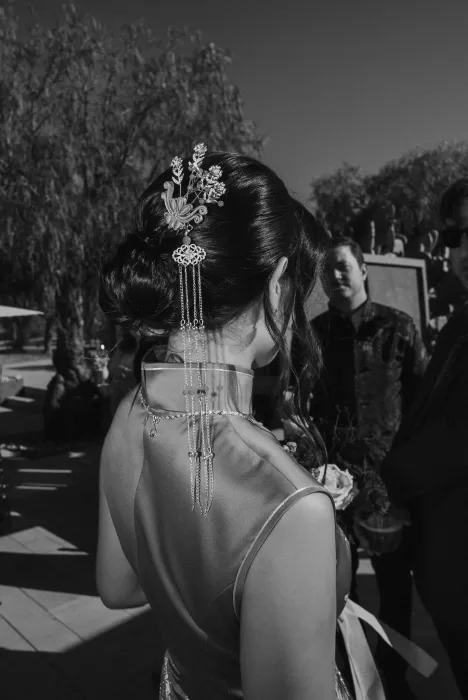 Elegant bridal hairpiece with delicate gold details photographed from behind at Ca Na Xica.