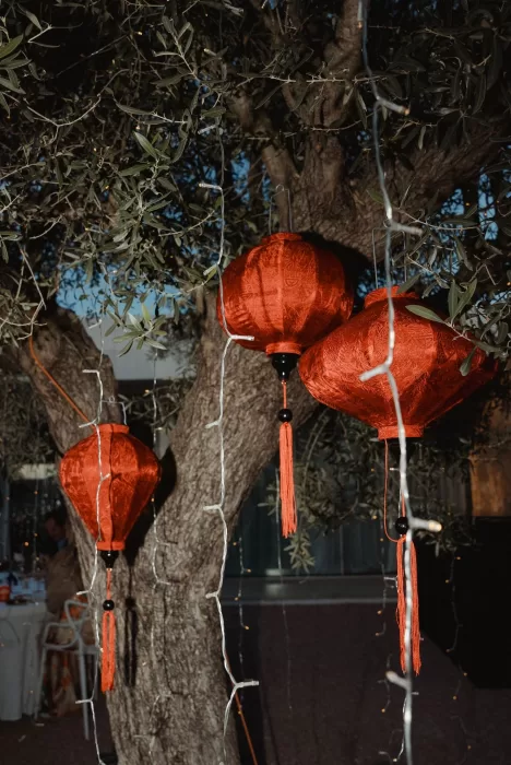 Red lanterns hang from olive trees at Ca Na Xica, adding cultural elegance to the evening wedding decor