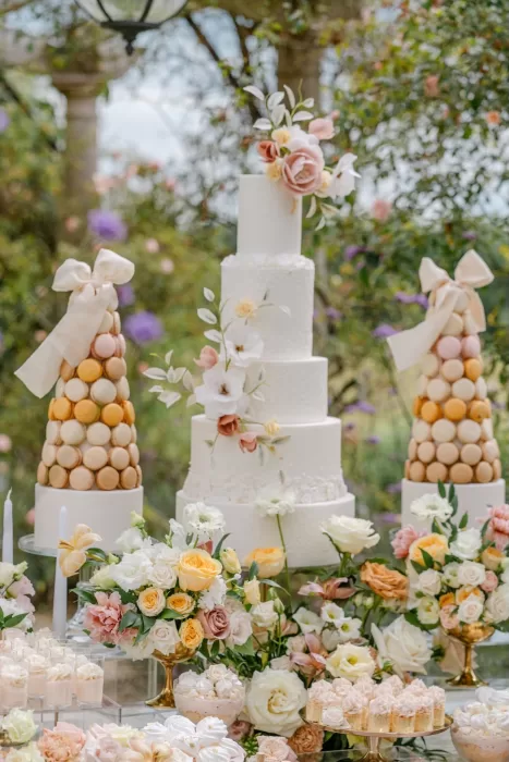 Towering wedding cake and macaron displays surrounded by romantic floral arrangements at Euridge Manor.