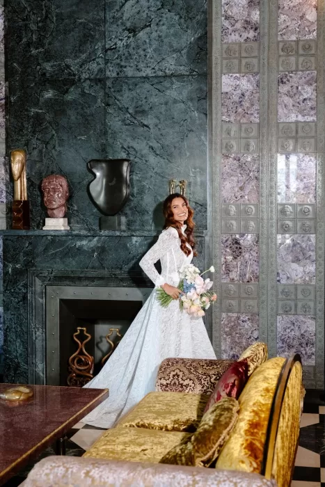 Romantic bridal portrait by the fireplace at Villa Clara