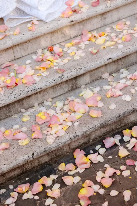 Villa Clara steps covered in pastel rose petals