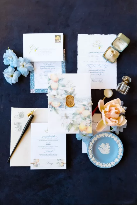 Elegant wedding invitation suite photographed at Villa Clara