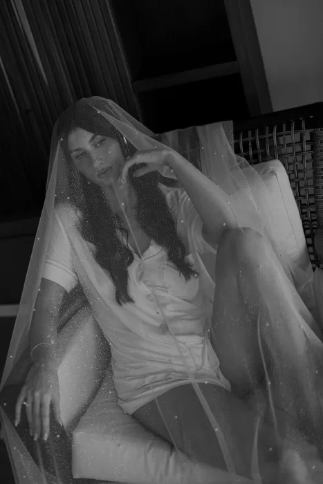 Artistic black and white portrait of the bride under her veil in a quiet pre-ceremony moment at Villa La Joya.