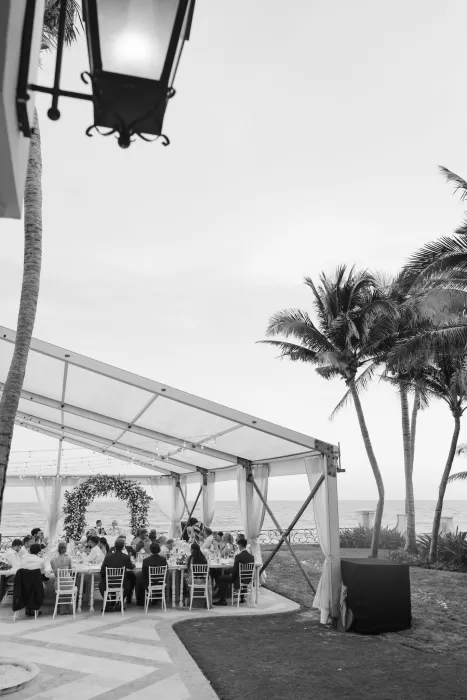 Guests enjoying a covered dinner by the sea under palm trees at Villa La Joya.