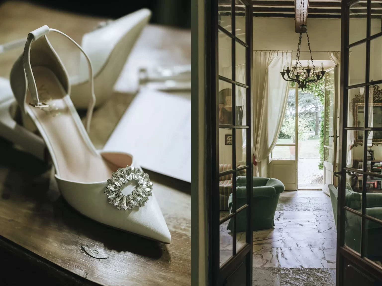 Crystal-embellished bridal shoes on a wooden table and a glimpse into Villa Ravano’s charming living space with garden views.