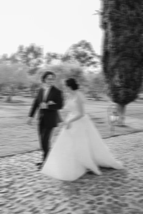 Artistic motion blur of newlyweds walking through olive grove at Luna Escondida.