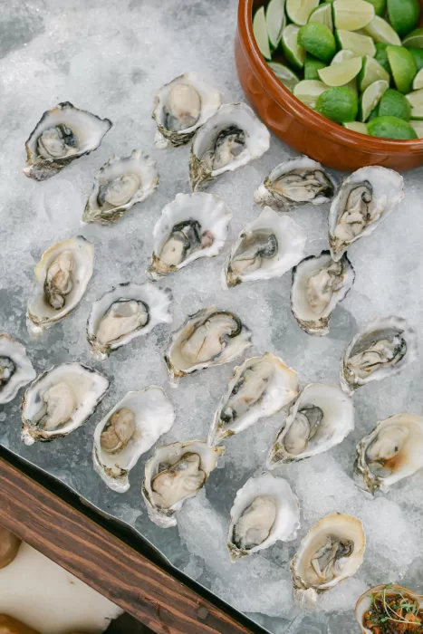 Fresh oysters on ice with lime wedges served during elegant wedding reception at Luna Escondida.