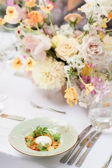 Fresh and colourful plated starter served at outdoor wedding reception at Monte Pacis.
