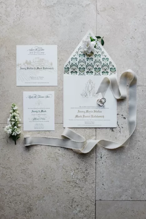 Elegant wedding invitation suite for a Castello di Velona celebration with green detailing.
