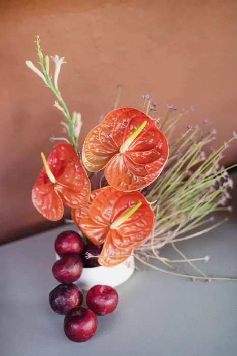 Vibrant orange anthurium arrangement with plums and grasses at Six Senses Douro Valley wedding