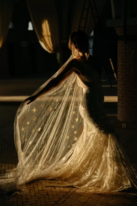 Bride illuminated by golden sunlight, her embroidered veil glowing in the dim interior of Beldi Country Club.