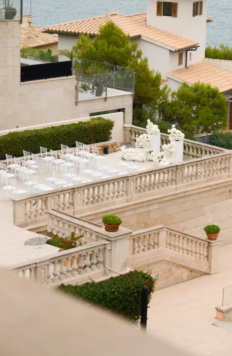 Elevated view of the elegant ceremony setup with ocean views at Hospes Maricel & Spa.