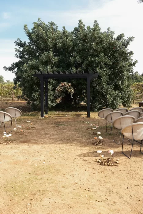 Outdoor ceremony setup at Quinta Dos Santos with modern black arch and delicate flower-lined aisle under a large tree.