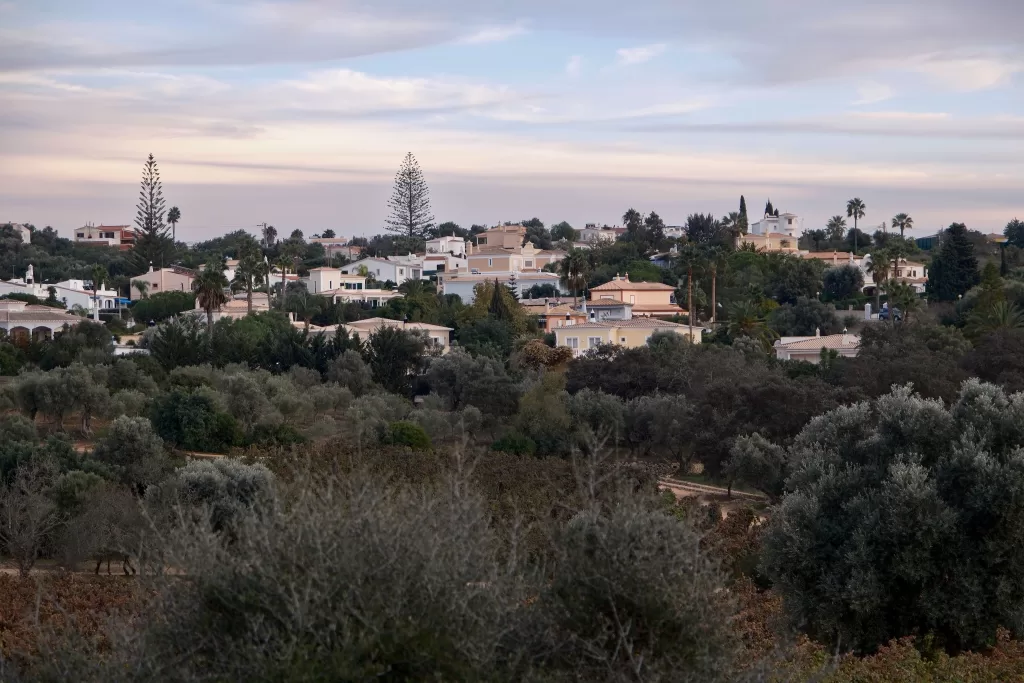 Panoramic view of vineyards and whitewashed houses surrounding Quinta Dos Santos under a pastel evening sky.