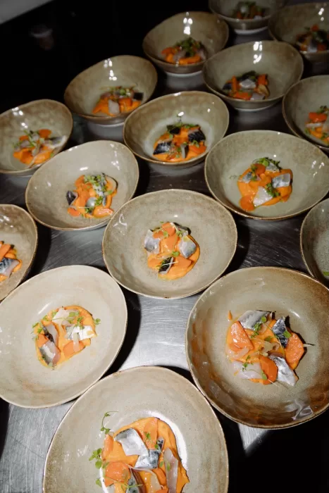 Artistic plating of vibrant appetizers prepared for the wedding dinner at This Must Be The Place.