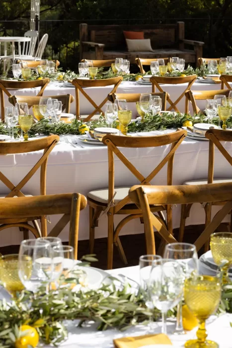 Sunlit outdoor reception tables at Mas del Sord decorated with greenery, lemons, and yellow glassware.