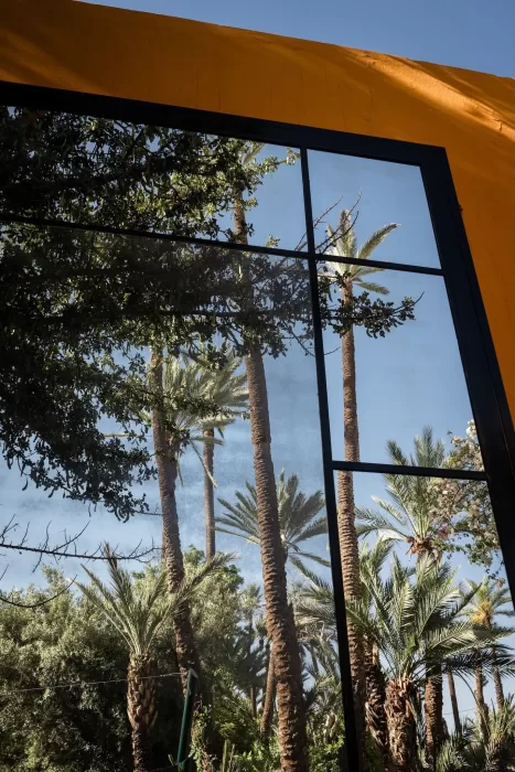 Tall palm trees reflected in a large glass window framed by ochre walls at Jnane Tamsna.