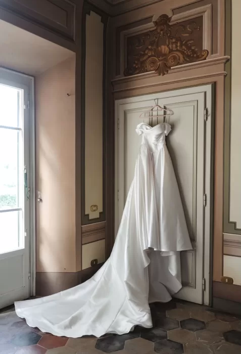 A wedding gown with a long satin train hangs in an ornate room at Villa Lena.