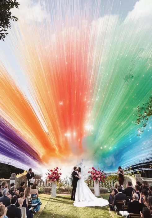 A colourful rainbow explosion of confetti erupts behind the couple as they share their first kiss at Villa Lena.