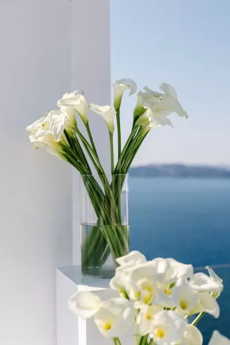 Calla lily arrangements displayed on white plinths during a seaside wedding ceremony at Cavo Ventus.