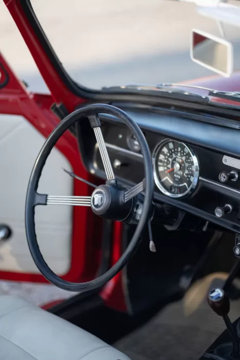 Close-up of a vintage red car interior used during a wedding at Islet Santorini.