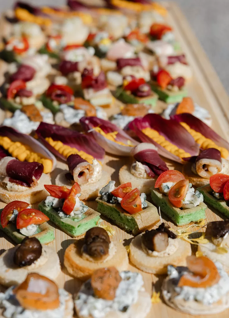 Selection of wedding canapés served during cocktail hour at Chateau Canet, showcasing refined catering and seasonal flavours.