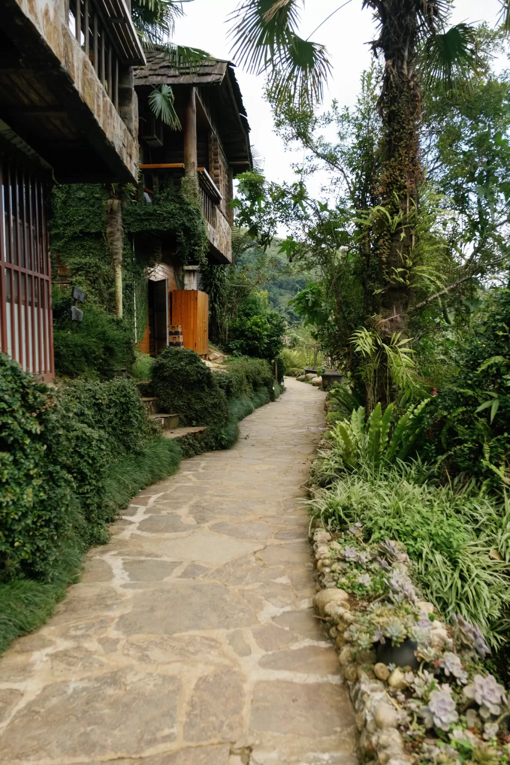 Stone pathway lined with lush tropical plants and rustic architecture at Ville de Mont Mountain Resort.