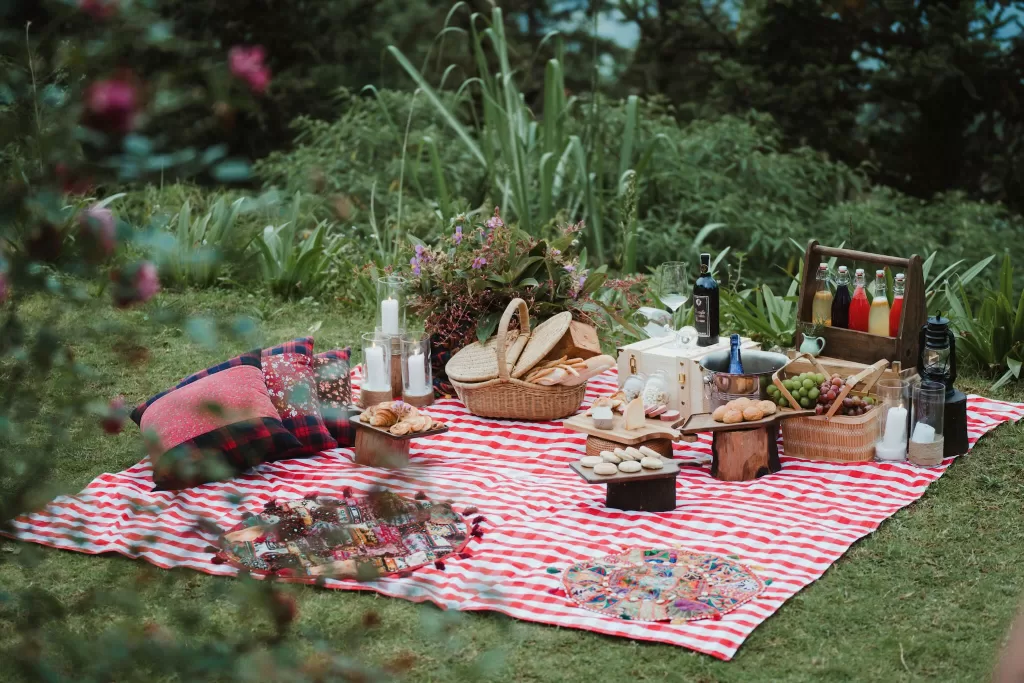 Styled garden picnic at Ville De Mont Mountain Resort with red gingham blanket, artisan bread, wine, and relaxed countryside atmosphere.