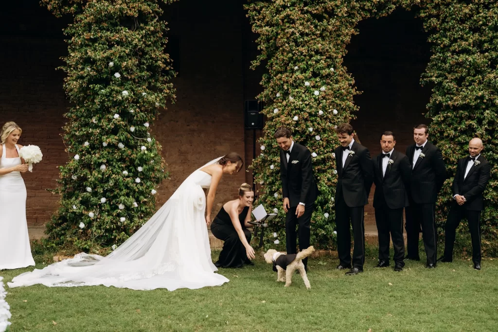 Bride and groom laughing as small dog interrupts ceremony at Castello di San Fabiano