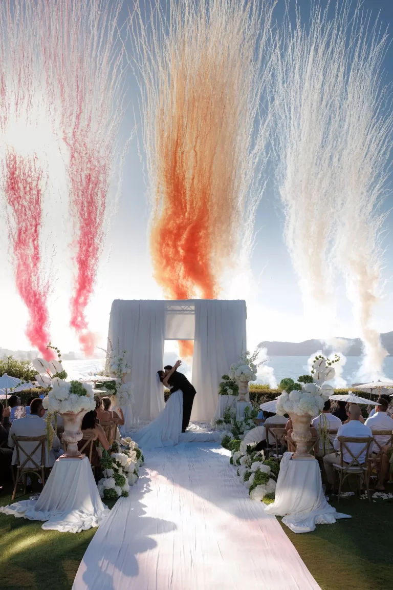 Floral-lined ceremony aisle at Sea View by En Kipo with white blooms and greenery overlooking the sea
