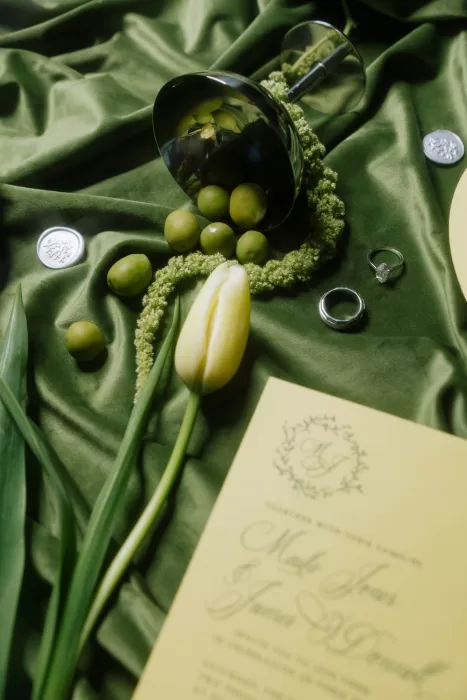 Editorial still life with olives, champagne coupe, rings and silk fabric in deep green palette at Studio Sunset Chicago