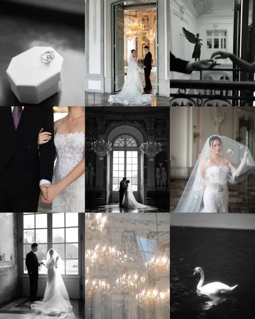Curated collage of fine art wedding moments including portraits, details, and architectural scenes