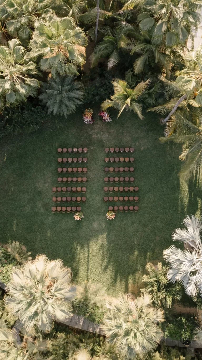 Aerial ceremony view at Acre Baja, with chairs arranged between dense palms.