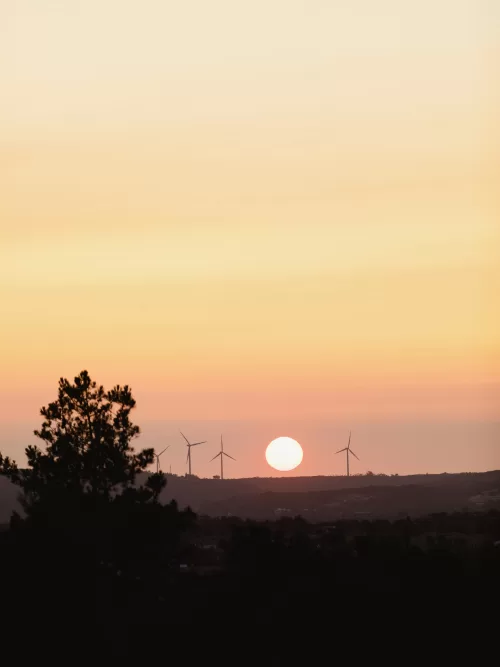 Warm sunset over the Algarve hills, with wind turbines silhouetted on the horizon.