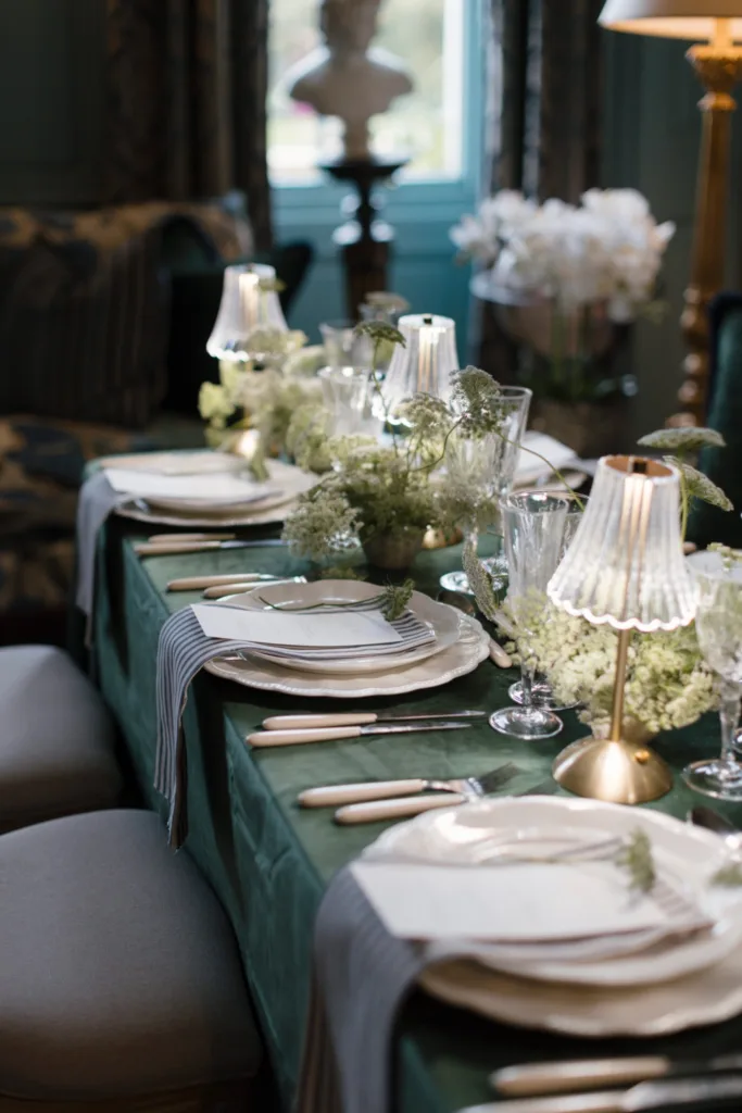 Reception table with green linen, floral arrangements and softly glowing table lamps.
