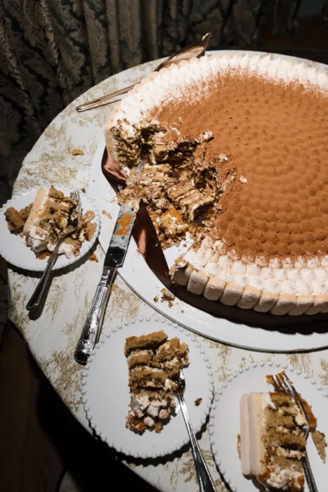 Wedding cake served onto dessert plates after the cake cutting.