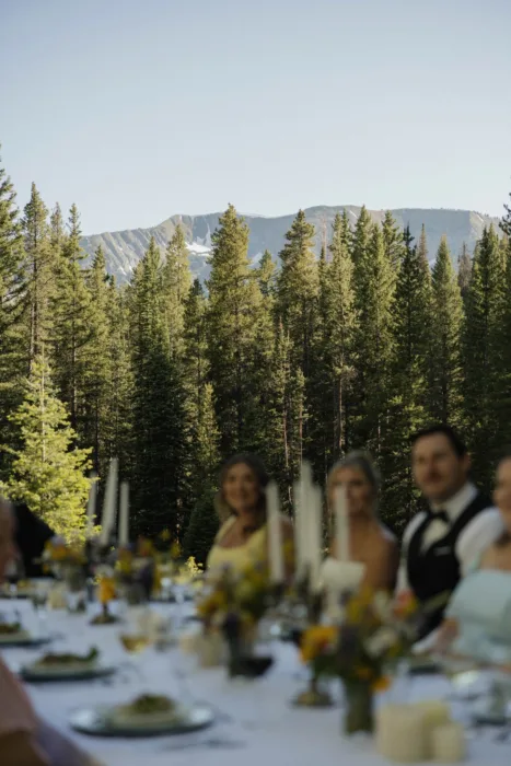 Wedding dinner table in soft focus with pine forest and mountain views beyond.