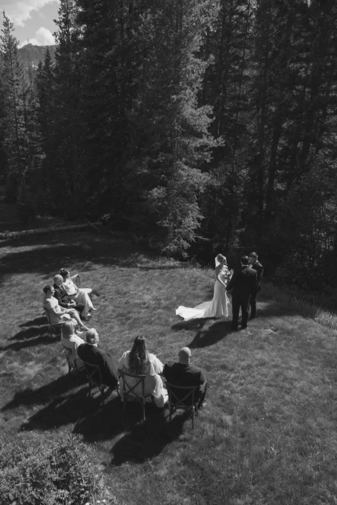 Intimate outdoor ceremony on a grassy mountain lawn framed by tall trees.
